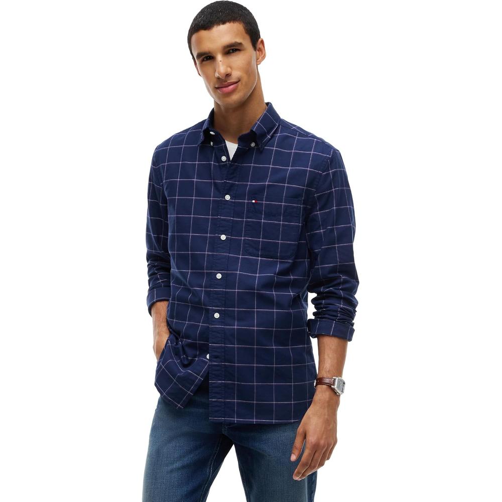 CAMISA PARA HOMBRE TOMMY HILFIGER OXFORD REGULAR FIT MANGA LARGA AZUL MARINO CARBON CUADROS - 1