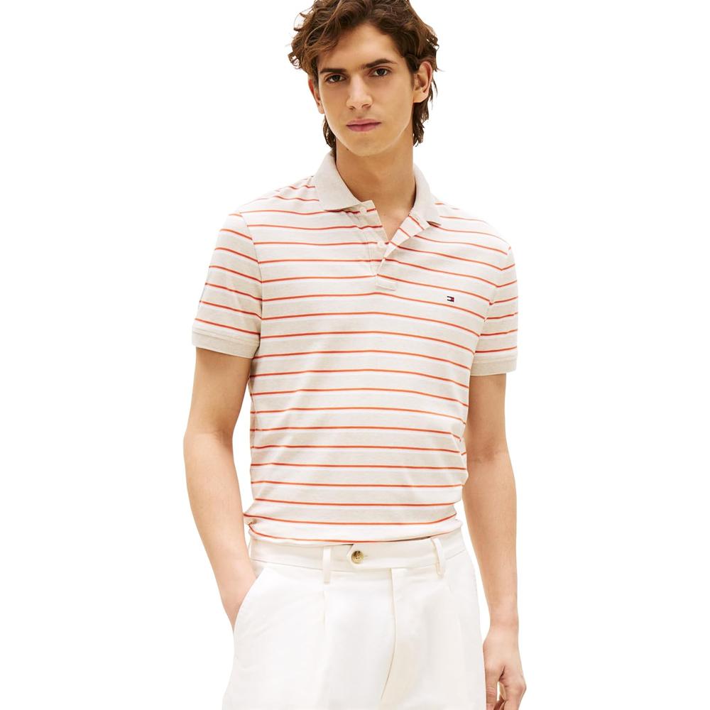 POLO PARA HOMBRE TOMMY HILFIGER REGULAR FIT MANGA CORTA BEIGE AVENA JASPEADO A RAYAS - 1
