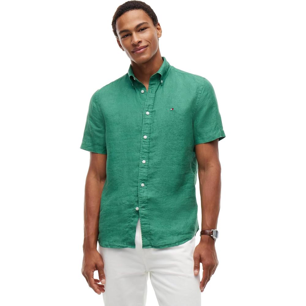 CAMISA PARA HOMBRE TOMMY HILFIGER MANGA CORTA LINO REGULAR FIT VERDE ALASKANO - 1