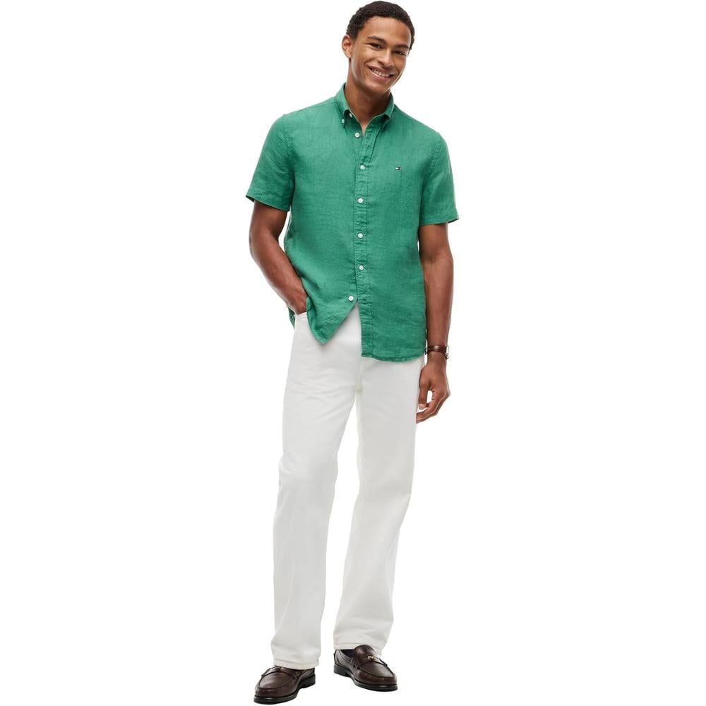 CAMISA PARA HOMBRE TOMMY HILFIGER MANGA CORTA LINO REGULAR FIT VERDE ALASKANO - 3