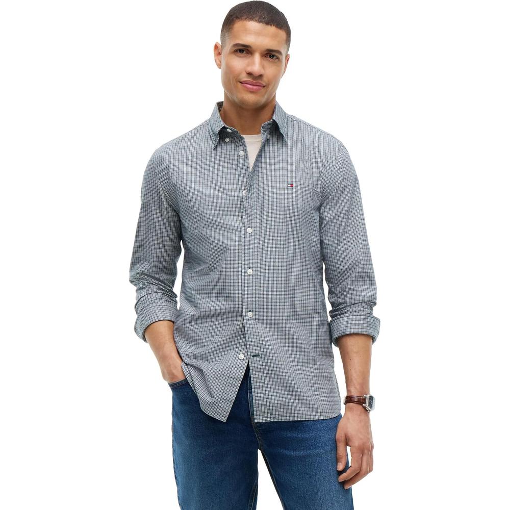 CAMISA PARA HOMBRE TOMMY HILFIGER OXFORD REGULAR FIT MANGA LARGA VERDE ORNAMENTAL CUADROS LAVADO - 1