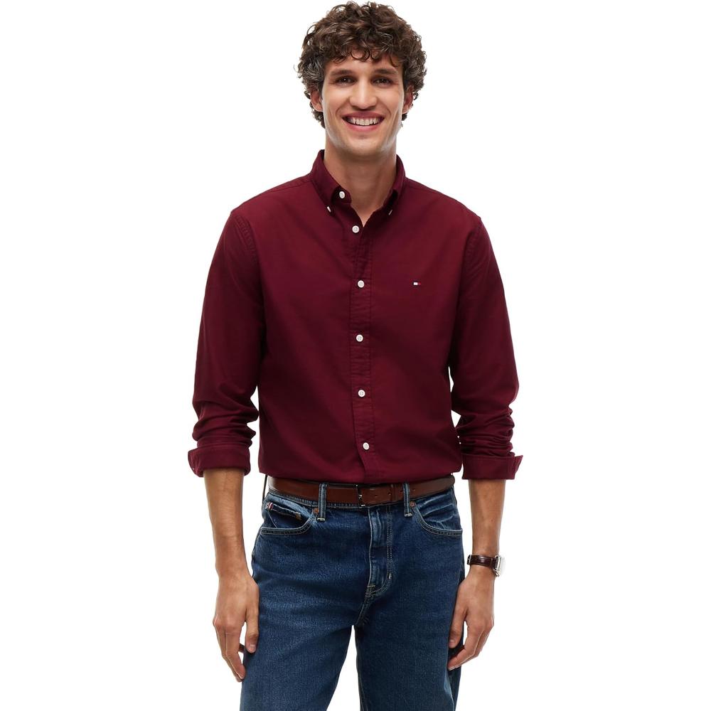 CAMISA PARA HOMBRE TOMMY HILFIGER OXFORD REGULAR FIT MANGA LARGA BORGONA BORGONA LISO - 1