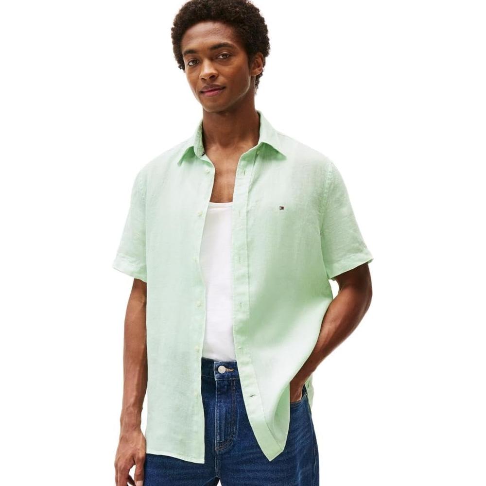 CAMISA PARA HOMBRE TOMMY HILFIGER MANGA CORTA LINO REGULAR FIT VERDE ÓPALO - 1