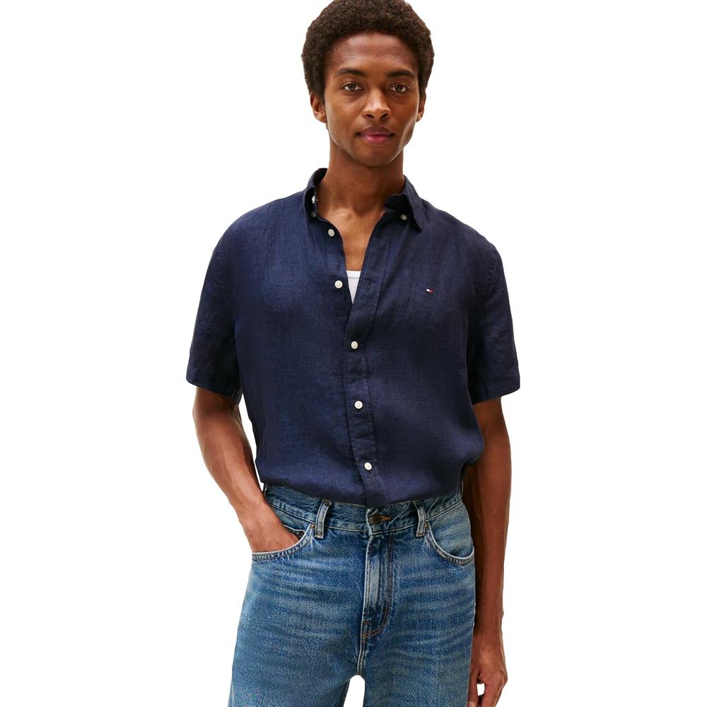 CAMISA PARA HOMBRE TOMMY HILFIGER MANGA CORTA LINO REGULAR FIT AZUL CIELO DESIERTO - 1