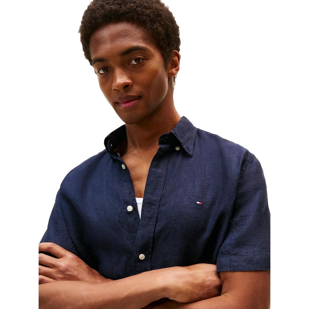 CAMISA PARA HOMBRE TOMMY HILFIGER MANGA CORTA LINO REGULAR FIT AZUL CIELO DESIERTO - 3