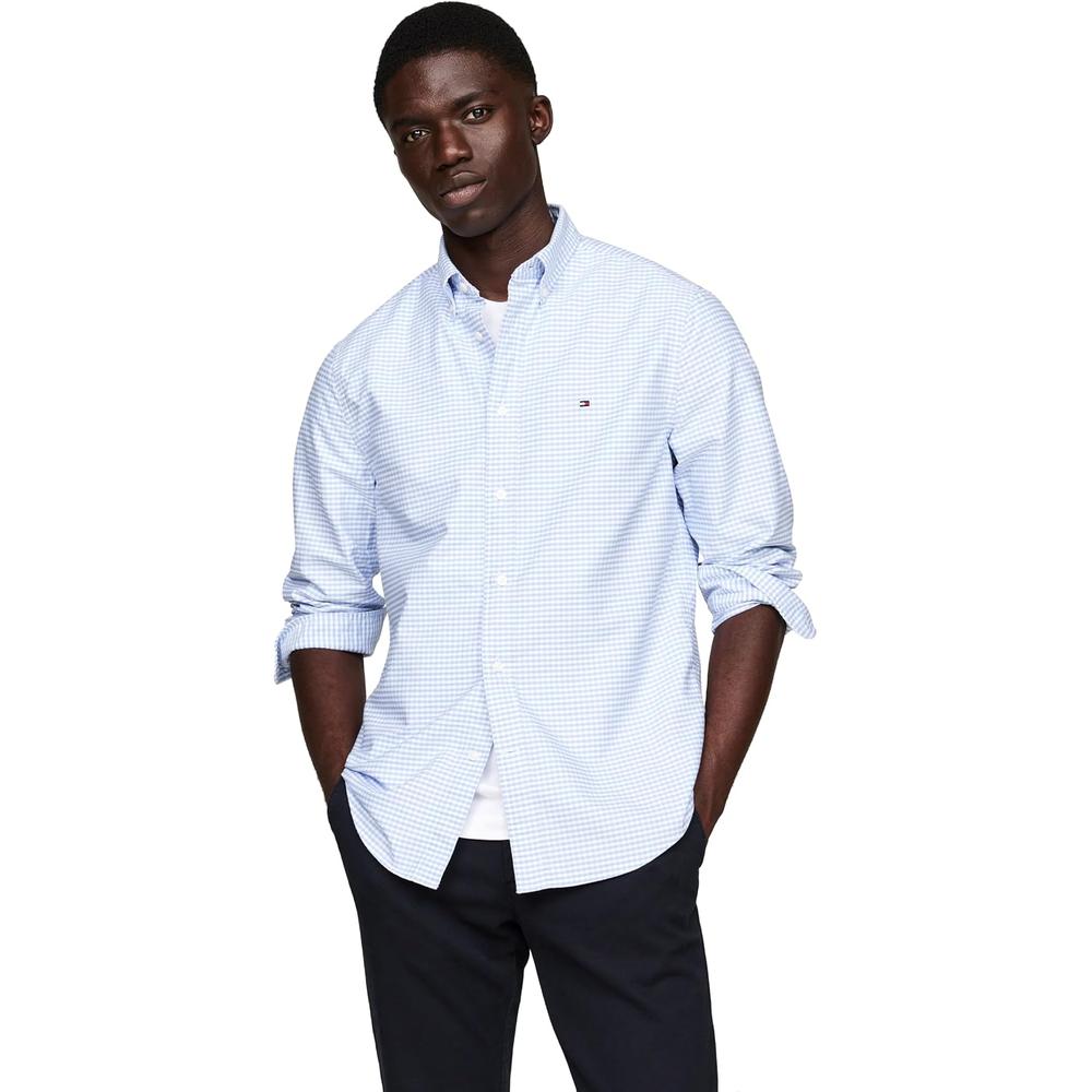 CAMISA PARA HOMBRE TOMMY HILFIGER OXFORD REGULAR FIT MANGA LARGA AZUL NUBLADO BLANCO - 1