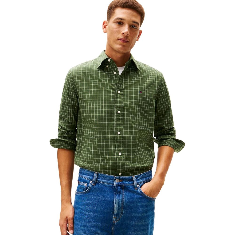 CAMISA PARA HOMBRE TOMMY HILFIGER REGULAR FIT MANGA LARGA VERDE PINO MONTAÑA - 1