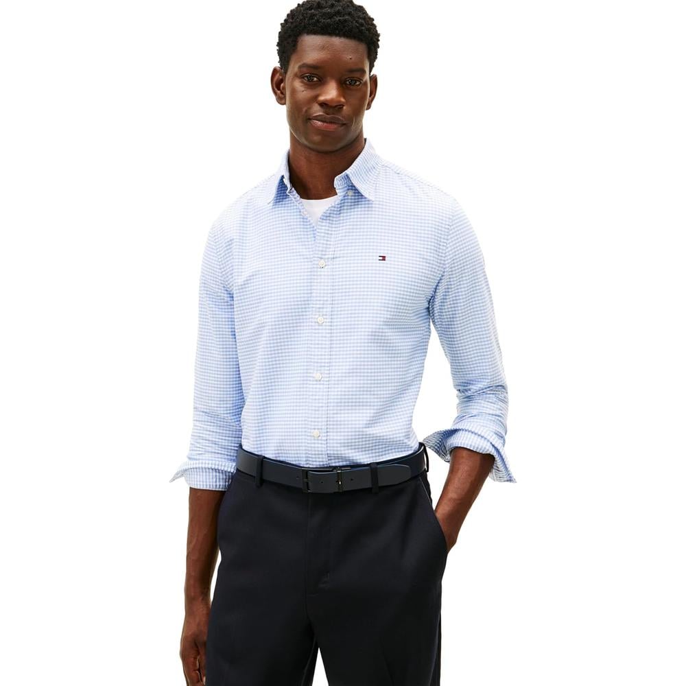 CAMISA PARA HOMBRE TOMMY HILFIGER OXFORD REGULAR FIT MANGA LARGA AZUL NUBLADO CUADROS - 1