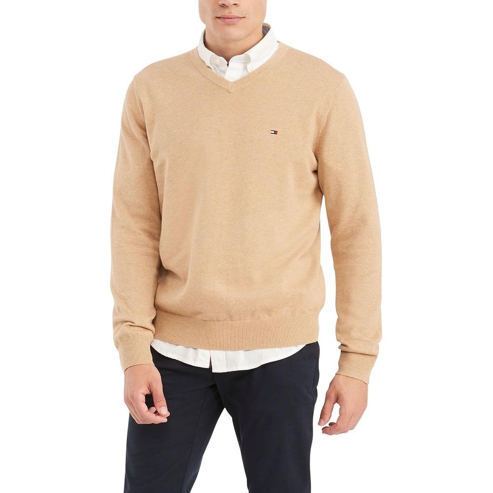 POLERA PARA HOMBRE TOMMY HILFIGER ESSENTIAL MANGA LARGA CUELLO V BEIGE CLARO JASPEADO - 1