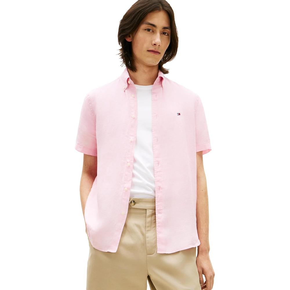 CAMISA PARA HOMBRE TOMMY HILFIGER MANGA CORTA LINO REGULAR FIT ROSA CLÁSICO - 1