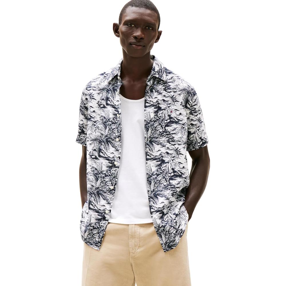 CAMISA PARA HOMBRE TOMMY HILFIGER MANGA CORTA LINO REGULAR FIT AZUL CIELO DESIERTO - 1