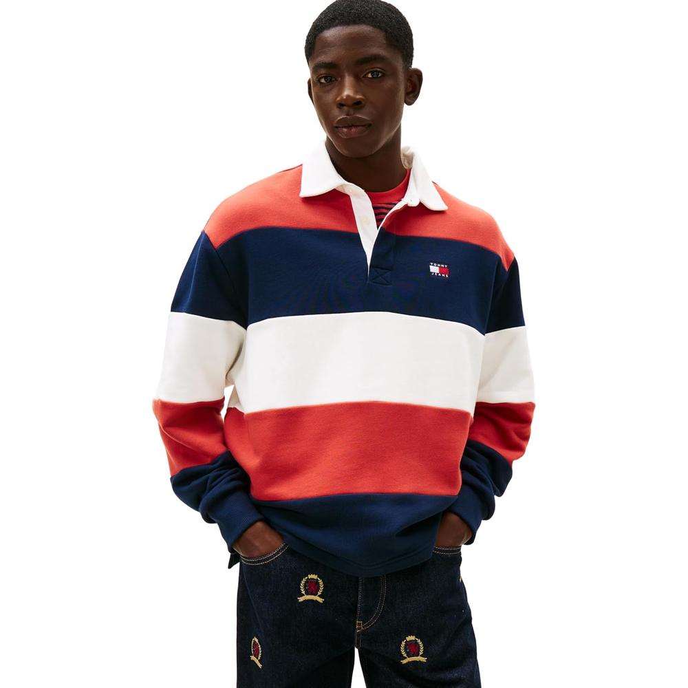 POLO PARA HOMBRE TOMMY HILFIGER RELAXED FIT MANGA LARGA AZUL MARINO OSCURO ROJO TERRACOTA CRUDO - 1