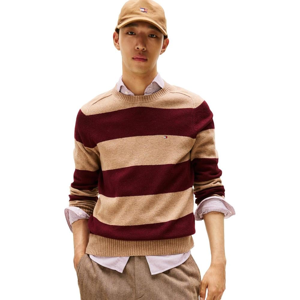 POLERA PARA HOMBRE TOMMY HILFIGER LAMBSWOOL CUELLO REDONDO MANGA LARGA REGULAR FIT LIENZO SAFARI JASPEADO BORGONA OSCURO JASPEADO - 1