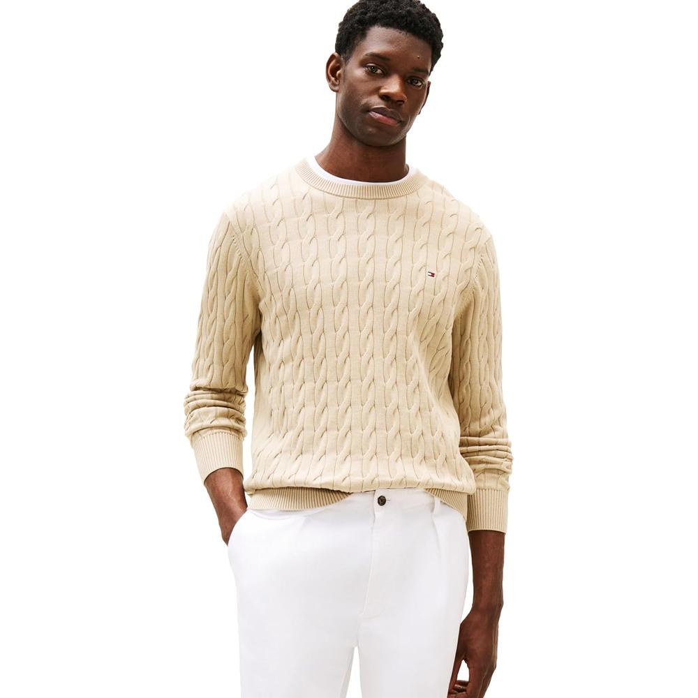 POLERA PARA HOMBRE TOMMY HILFIGER CUELLO REDONDO TEJIDO DE CABLE MANGA LARGA MARRÓN SÁNDALO - 1