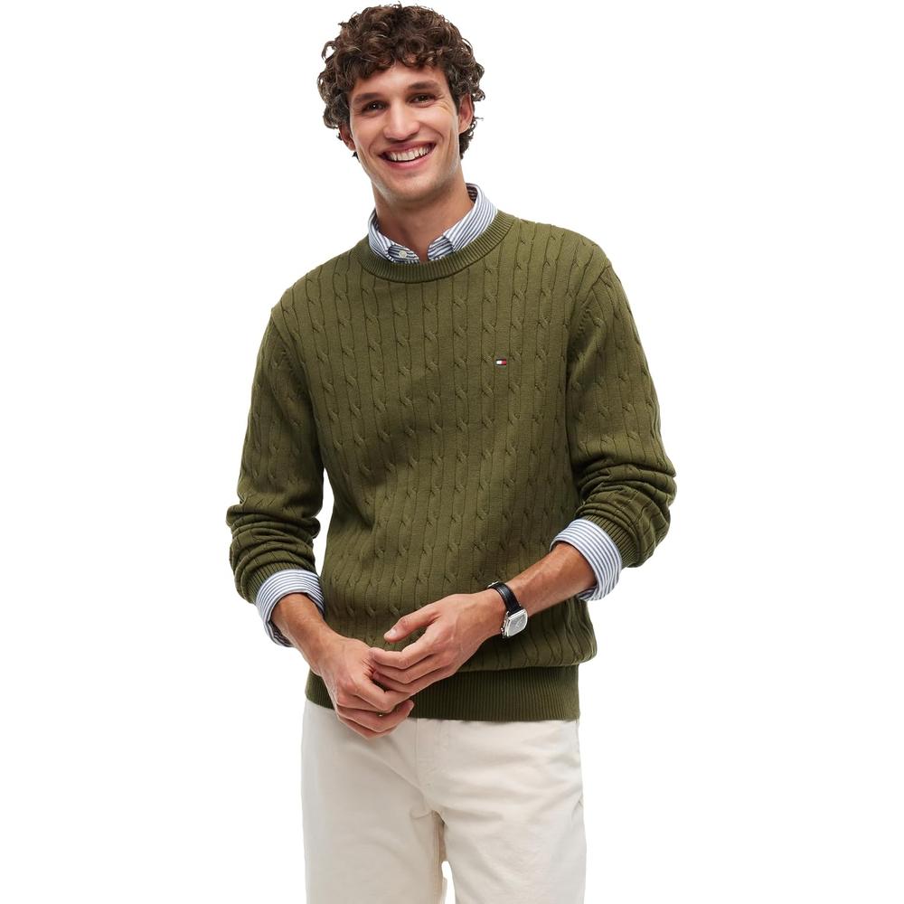 POLERA PARA HOMBRE TOMMY HILFIGER CUELLO REDONDO TEJIDO DE CABLE MANGA LARGA VERDE CAZA - 1