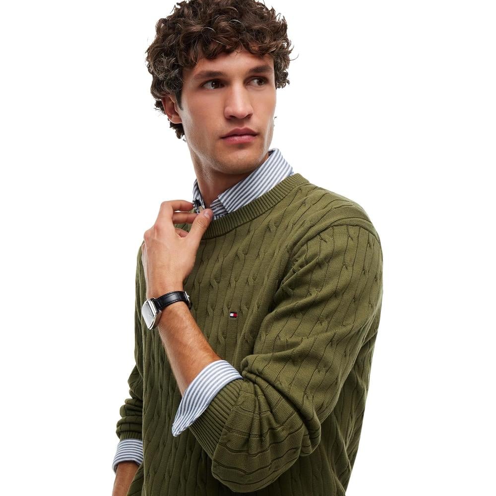 POLERA PARA HOMBRE TOMMY HILFIGER CUELLO REDONDO TEJIDO DE CABLE MANGA LARGA VERDE CAZA - 2