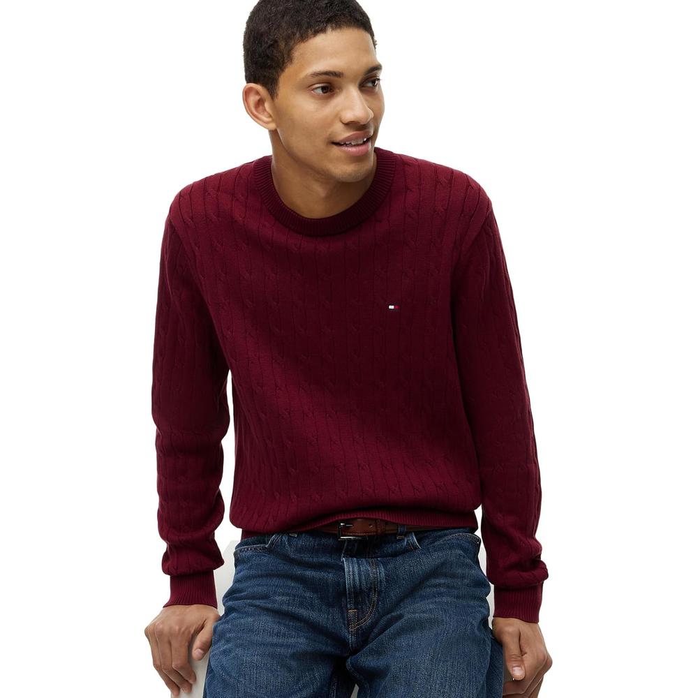 POLERA PARA HOMBRE TOMMY HILFIGER CUELLO REDONDO TEJIDO DE CABLE MANGA LARGA VINO - 2