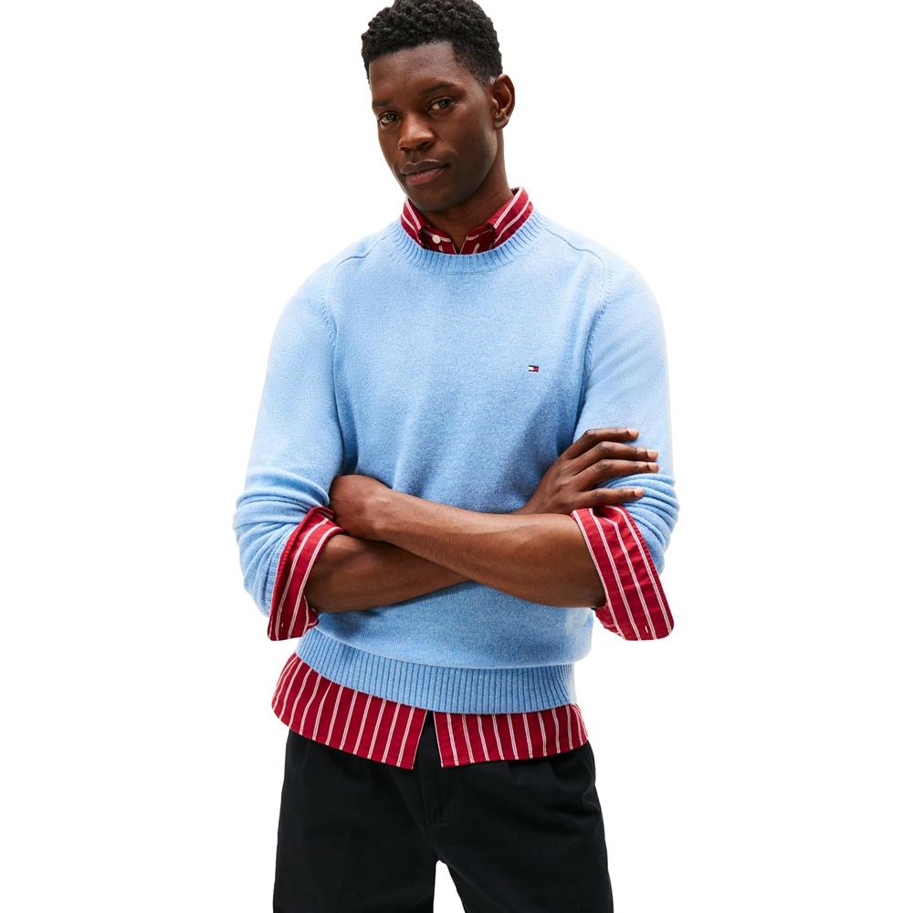 POLERA PARA HOMBRE TOMMY HILFIGER LAMBSWOOL CUELLO REDONDO MANGA LARGA REGULAR FIT AZUL CLARO JASPEADO - 1