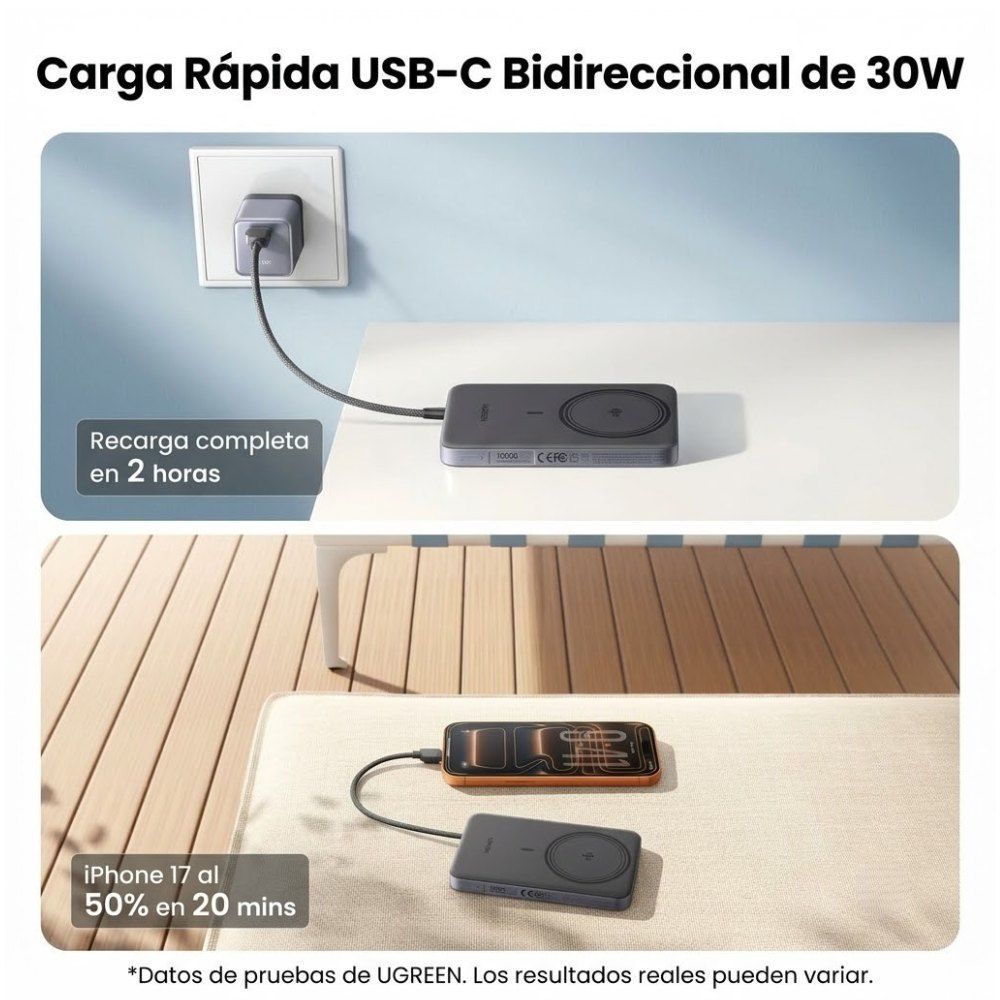 POWER BANK MAGNETICA UGREEN MAGFLOW AIR QI2 30W 10000MAH SPACE GREY PB570 - 6