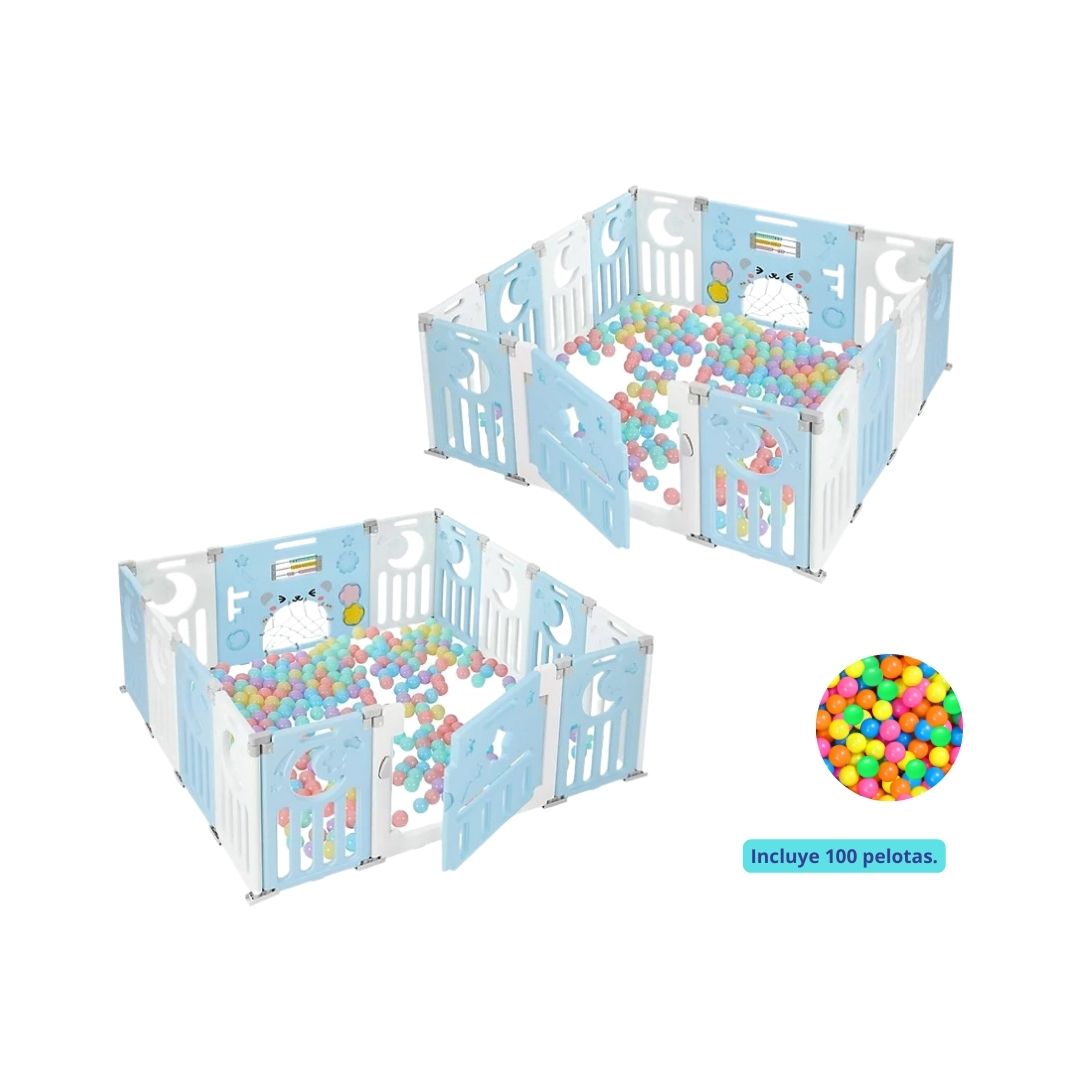 COMBO MELLIZO CORRAL DE JUEGOS CON PELOTAS CELESTE PARA BEBÉ - 1