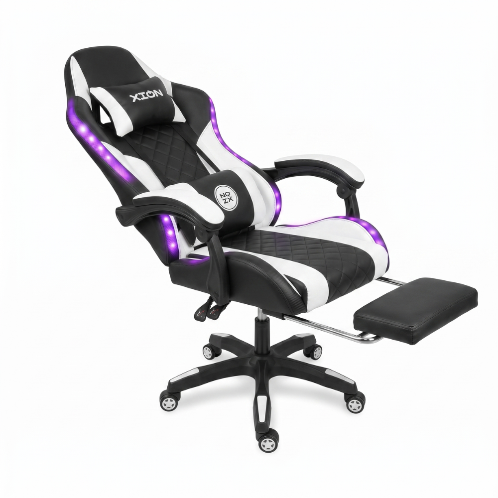 SILLA GAMER RAVEN XION CON LUCES RGB, CONTROL, MASAJEADOR LUMBAR, POSAPIÉS, MÁX 120KG, RECLINACIÓN 135° BLANCO - 1