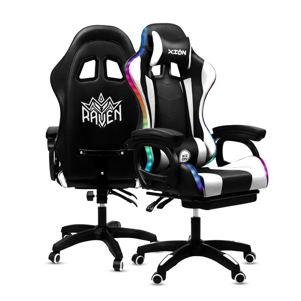 SILLA GAMER RAVEN XION CON LUCES RGB, CONTROL, MASAJEADOR LUMBAR, POSAPIÉS, MÁX 120KG, RECLINACIÓN 135° BLANCO - 2
