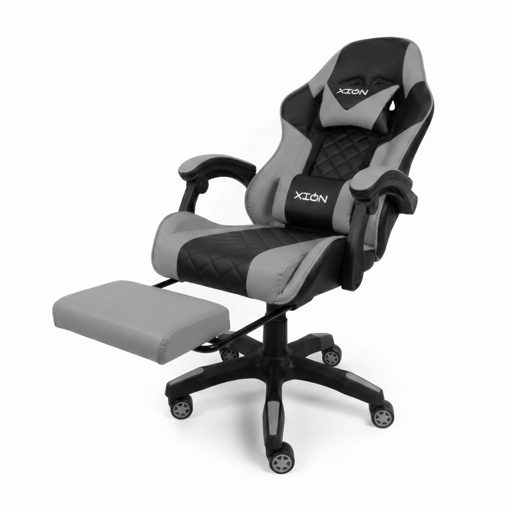 SILLA GAMER RAVEN XION ERGONÓMICA CON MASAJEADOR LUMBAR, POSAPIÉS, MÁX 120KG, RECLINACIÓN 135° GRIS - 1