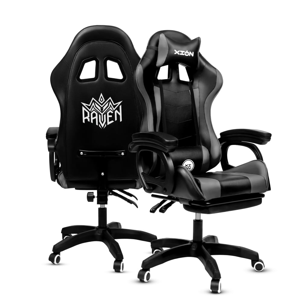 SILLA GAMER RAVEN XION ERGONÓMICA CON MASAJEADOR LUMBAR, POSAPIÉS, MÁX 120KG, RECLINACIÓN 135° GRIS - 2