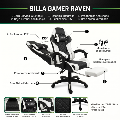 SILLA GAMER RAVEN XION ERGONÓMICA CON MASAJEADOR LUMBAR, POSAPIÉS, MÁX 120KG, RECLINACIÓN 135° GRIS - 3