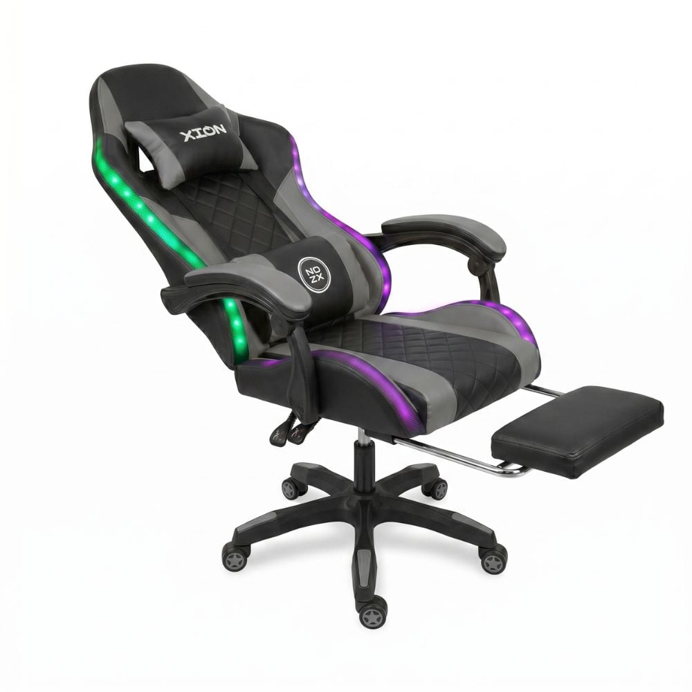 SILLA GAMER RAVEN XION CON LUCES RGB, CONTROL, MASAJEADOR LUMBAR, POSAPIÉS, MÁX 120KG, RECLINACIÓN 135° GRIS - 1