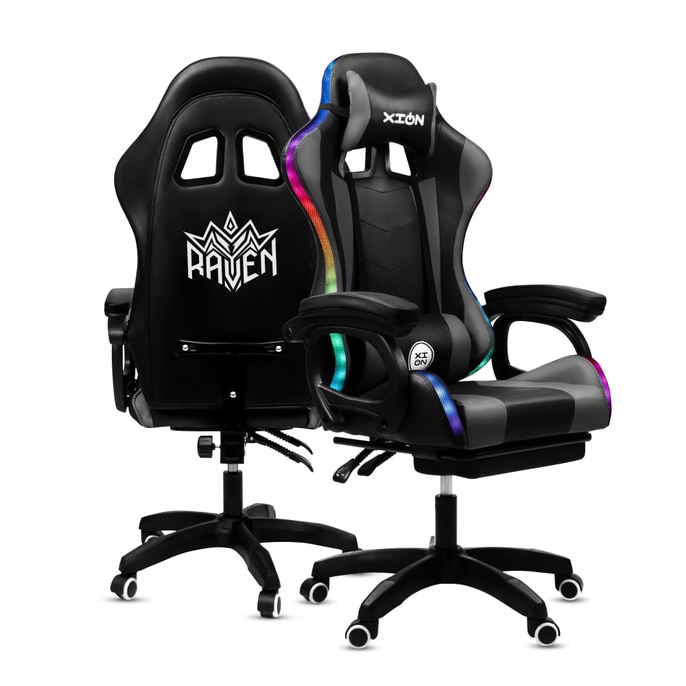 SILLA GAMER RAVEN XION CON LUCES RGB, CONTROL, MASAJEADOR LUMBAR, POSAPIÉS, MÁX 120KG, RECLINACIÓN 135° GRIS - 2
