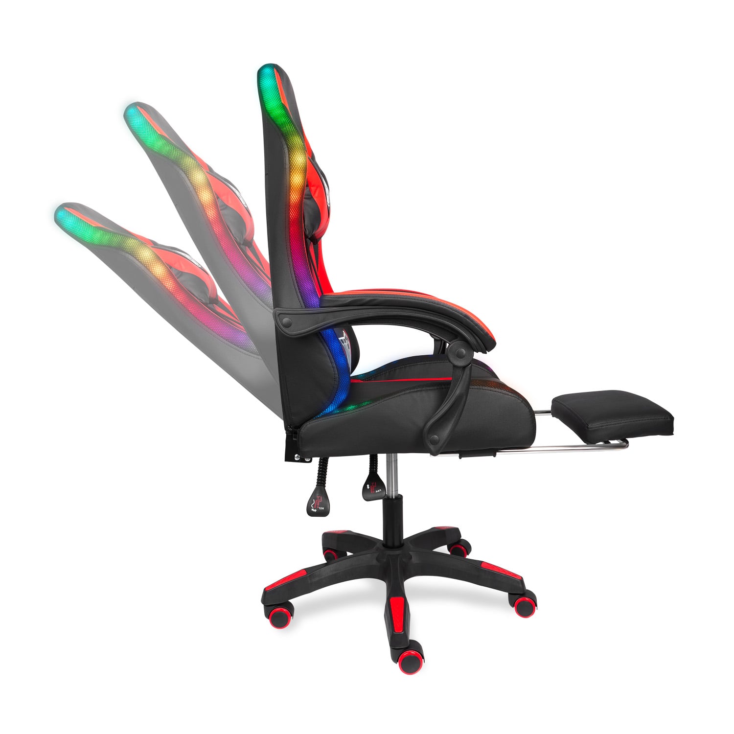 SILLA GAMER RAVEN XION CON LUCES RGB, CONTROL, MASAJEADOR LUMBAR, POSAPIÉS, MÁX 120KG, RECLINACIÓN 135° ROJO - 1