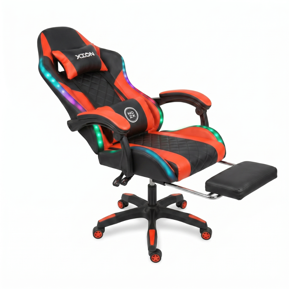 SILLA GAMER RAVEN XION CON LUCES RGB, CONTROL, MASAJEADOR LUMBAR, POSAPIÉS, MÁX 120KG, RECLINACIÓN 135° ROJO - 3