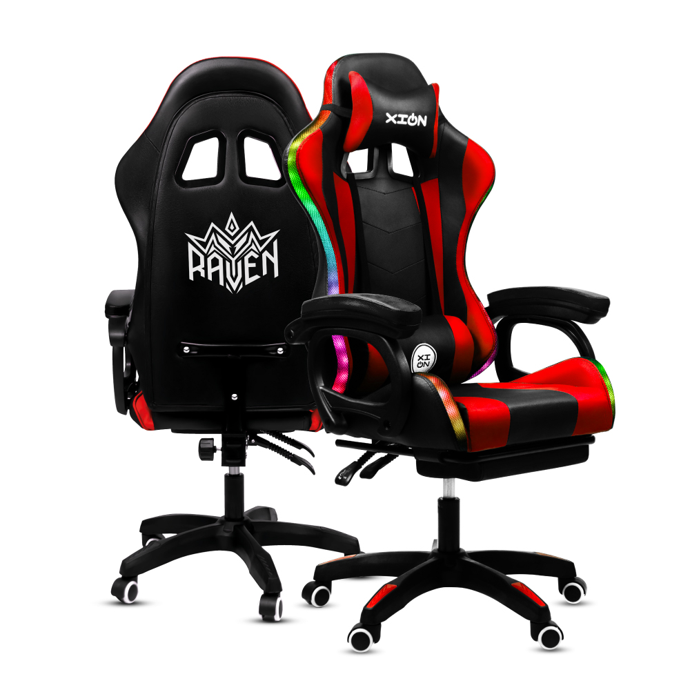 SILLA GAMER RAVEN XION CON LUCES RGB, CONTROL, MASAJEADOR LUMBAR, POSAPIÉS, MÁX 120KG, RECLINACIÓN 135° ROJO - 5