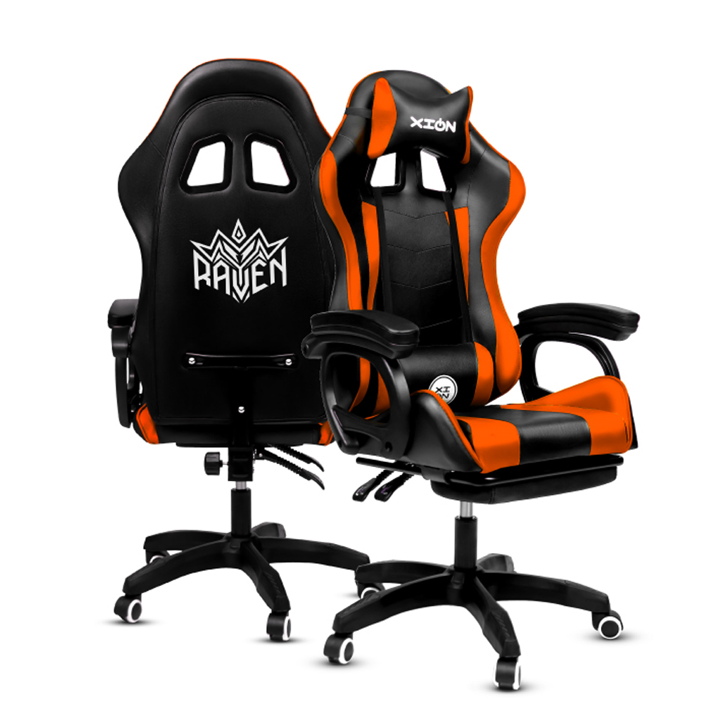 SILLA GAMER RAVEN XION ERGONÓMICA CON MASAJEADOR LUMBAR, POSAPIÉS, MÁX 120KG, RECLINACIÓN 135° NARANJA - 2