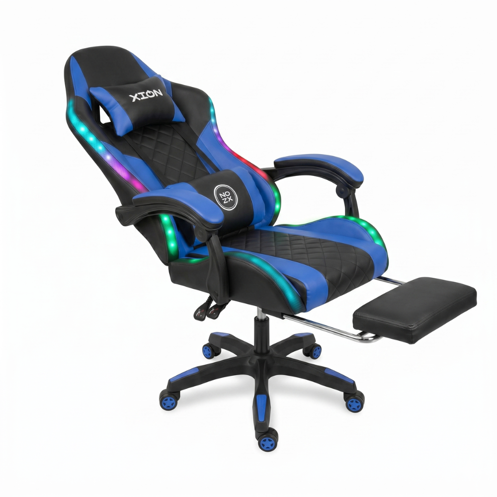 SILLA GAMER RAVEN XION CON LUCES RGB, CONTROL, MASAJEADOR LUMBAR, POSAPIÉS, MÁX 120KG, RECLINACIÓN 135° AZUL - 1