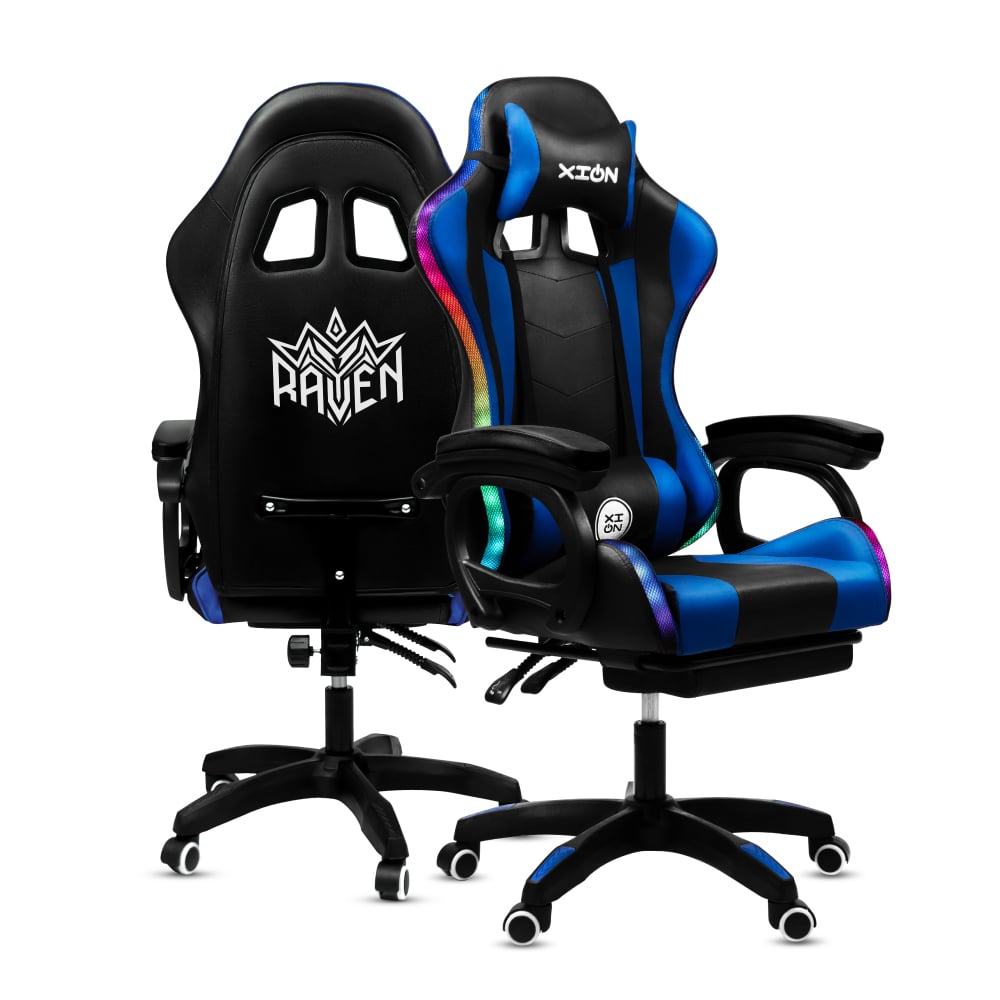 SILLA GAMER RAVEN XION CON LUCES RGB, CONTROL, MASAJEADOR LUMBAR, POSAPIÉS, MÁX 120KG, RECLINACIÓN 135° AZUL - 2