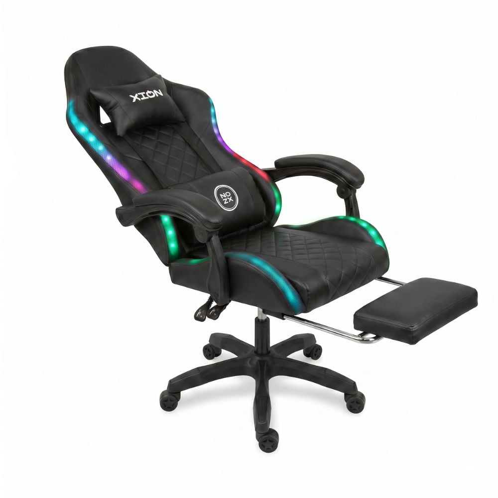 SILLA GAMER RAVEN XION CON LUCES RGB, CONTROL, MASAJEADOR LUMBAR, POSAPIÉS, MÁX 120KG, RECLINACIÓN 135° NEGRO - 1