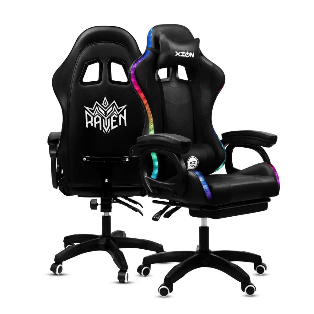 SILLA GAMER RAVEN XION CON LUCES RGB, CONTROL, MASAJEADOR LUMBAR, POSAPIÉS, MÁX 120KG, RECLINACIÓN 135° NEGRO - 2