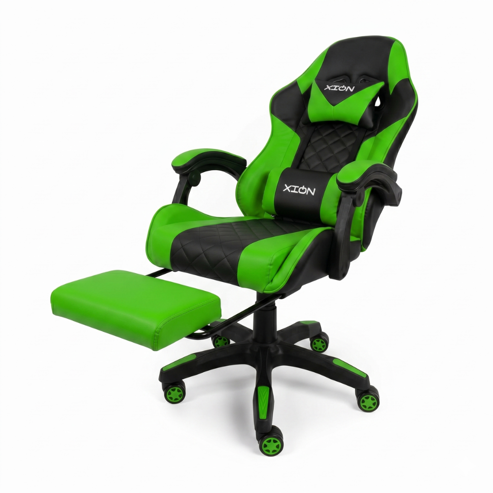 SILLA GAMER RAVEN XION ERGONÓMICA CON MASAJEADOR LUMBAR, POSAPIÉS, MÁX 120KG, RECLINACIÓN 135° VERDE - 1