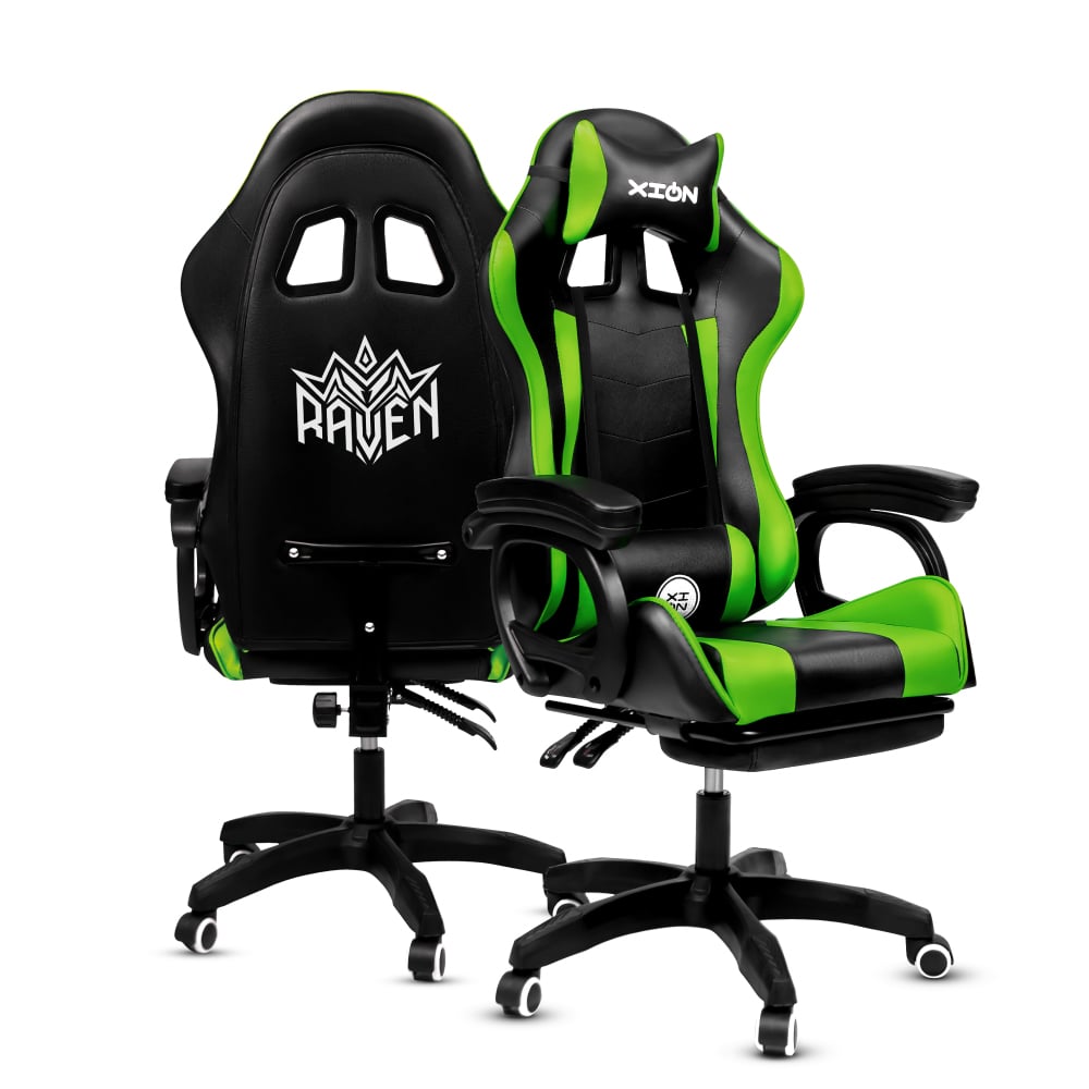 SILLA GAMER RAVEN XION ERGONÓMICA CON MASAJEADOR LUMBAR, POSAPIÉS, MÁX 120KG, RECLINACIÓN 135° VERDE - 2