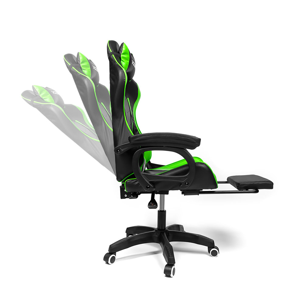 SILLA GAMER RAVEN XION ERGONÓMICA CON MASAJEADOR LUMBAR, POSAPIÉS, MÁX 120KG, RECLINACIÓN 135° VERDE - 6