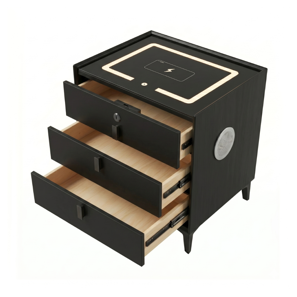 MESA DE NOCHE SMART DECOKASA CON SENSOR DE HUELLA DACTILAR, PARLANTE BLUETOOTH, CARGA INALÁMBRICA Y LUZ LED TÁCTIL NEGRO - 2