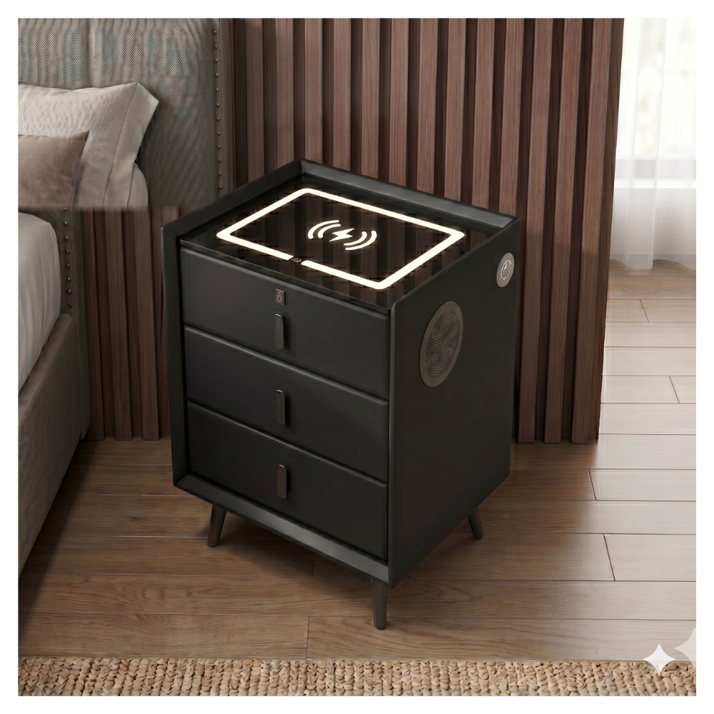 MESA DE NOCHE SMART DECOKASA CON SENSOR DE HUELLA DACTILAR, PARLANTE BLUETOOTH, CARGA INALÁMBRICA Y LUZ LED TÁCTIL NEGRO - 4