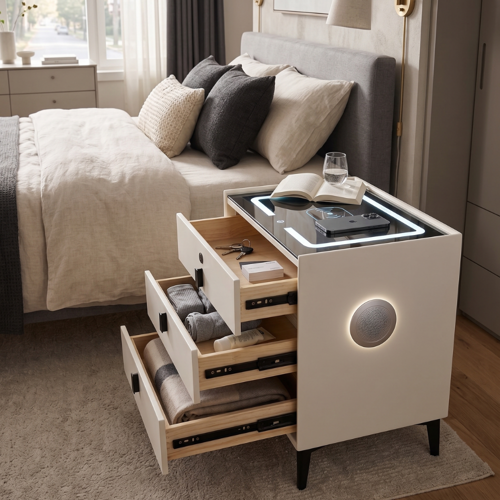 MESA DE NOCHE SMART DECOKASA CON SENSOR DE HUELLA DACTILAR, PARLANTE BLUETOOTH, CARGA INALÁMBRICA Y LUZ LED TÁCTIL BLANCO - 1