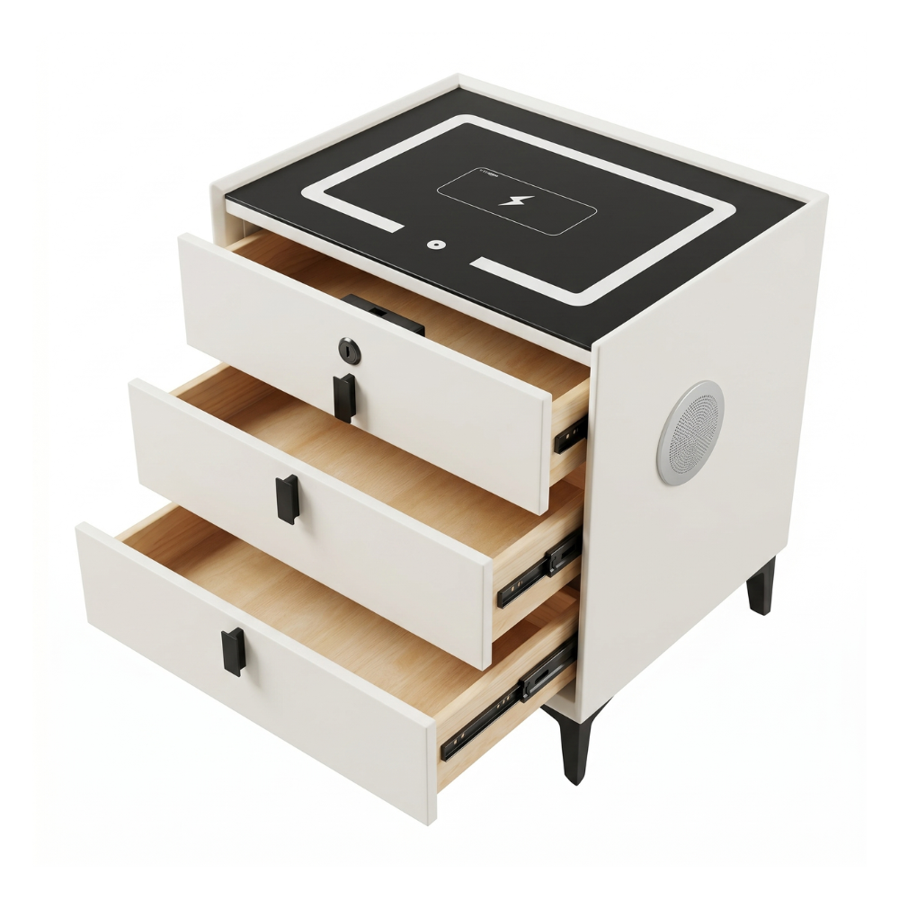 MESA DE NOCHE SMART DECOKASA CON SENSOR DE HUELLA DACTILAR, PARLANTE BLUETOOTH, CARGA INALÁMBRICA Y LUZ LED TÁCTIL BLANCO - 3