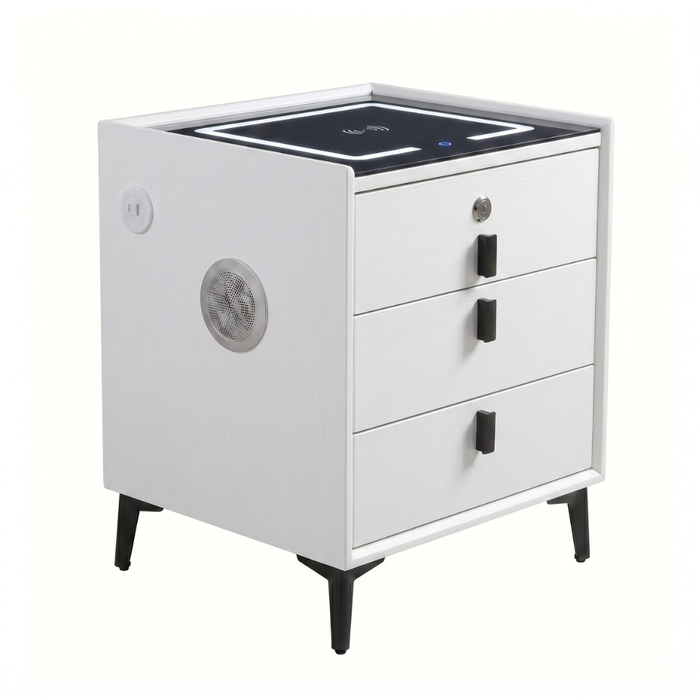 MESA DE NOCHE SMART DECOKASA CON SENSOR DE HUELLA DACTILAR, PARLANTE BLUETOOTH, CARGA INALÁMBRICA Y LUZ LED TÁCTIL BLANCO - 4