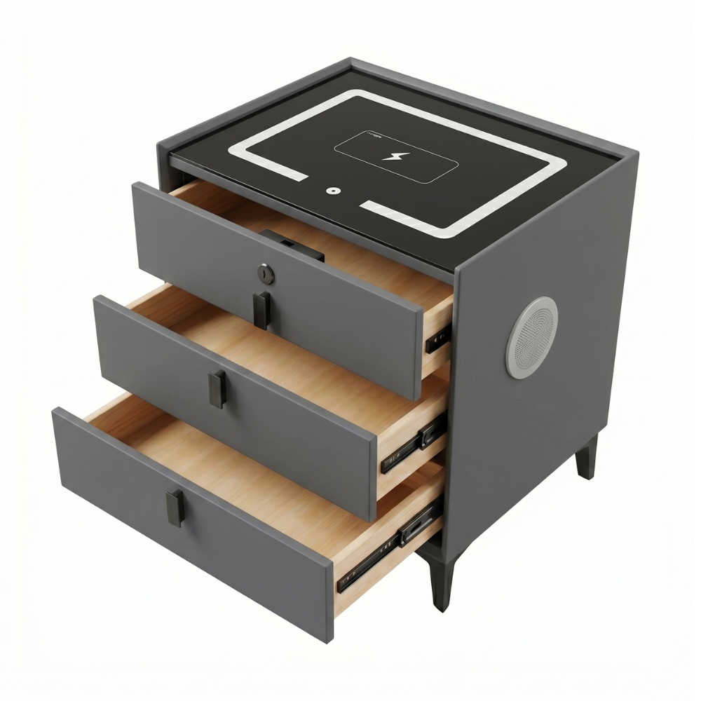 MESA DE NOCHE SMART DECOKASA CON SENSOR DE HUELLA DACTILAR, PARLANTE BLUETOOTH, CARGA INALÁMBRICA Y LUZ LED TÁCTIL PLOMO - 5