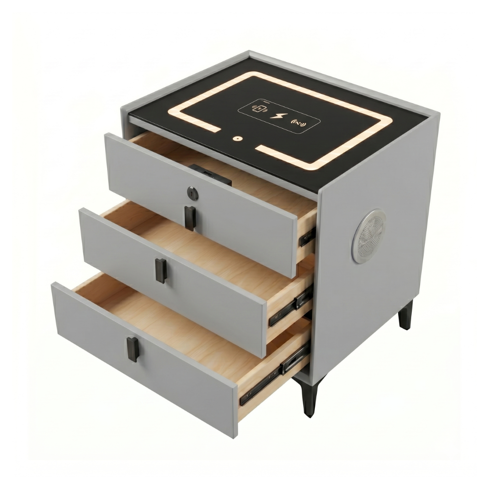 MESA DE NOCHE SMART DECOKASA CON SENSOR DE HUELLA DACTILAR, PARLANTE BLUETOOTH, CARGA INALÁMBRICA Y LUZ LED TÁCTIL GRIS - 1