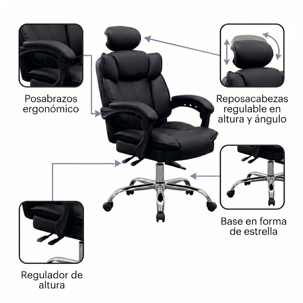 SILLA DE OFICINA GERENCIAL 777 XION ERGONÓMICA DE CUERO PU CON POSAPIÉS Y REPOSACABEZAS REGULABLE NEGRO - 8
